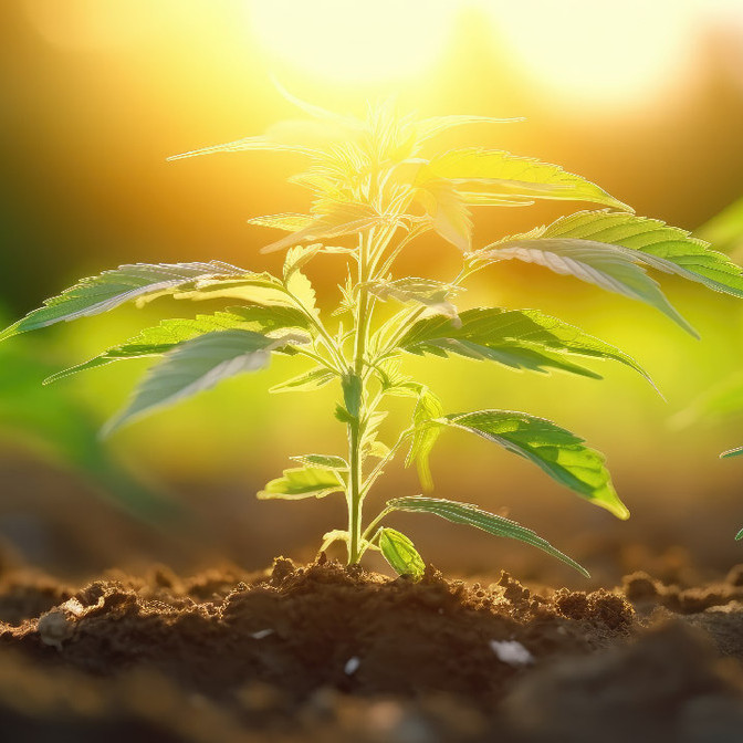 a baby cannabisplant with the sun right behind it